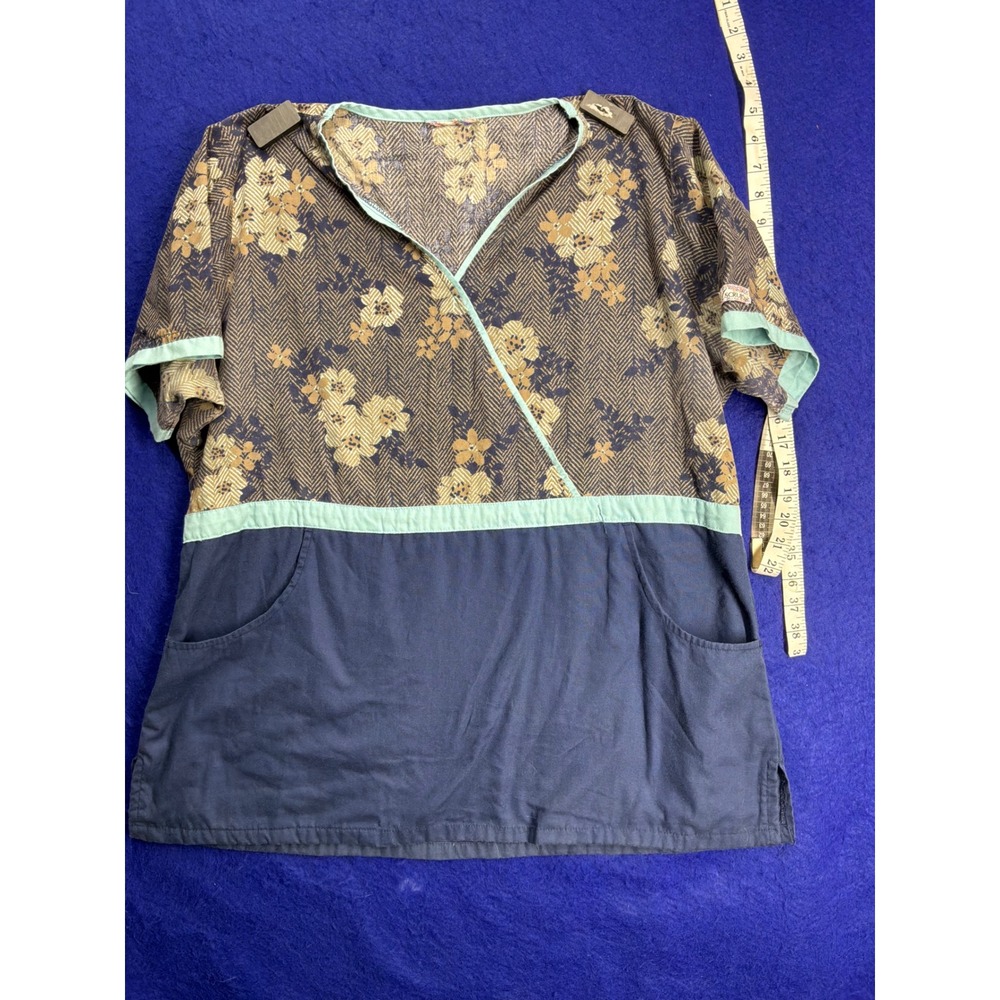 Floral Herringbone Womens UA Scrubs Mock Wrap Top 2XL Navy Blue Tan